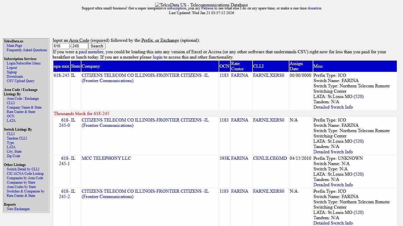 TelcoData.US: Search by Area Code / Exchange