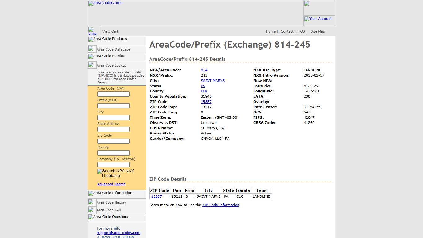 AreaCode/Prefix (Exchange) 814-245