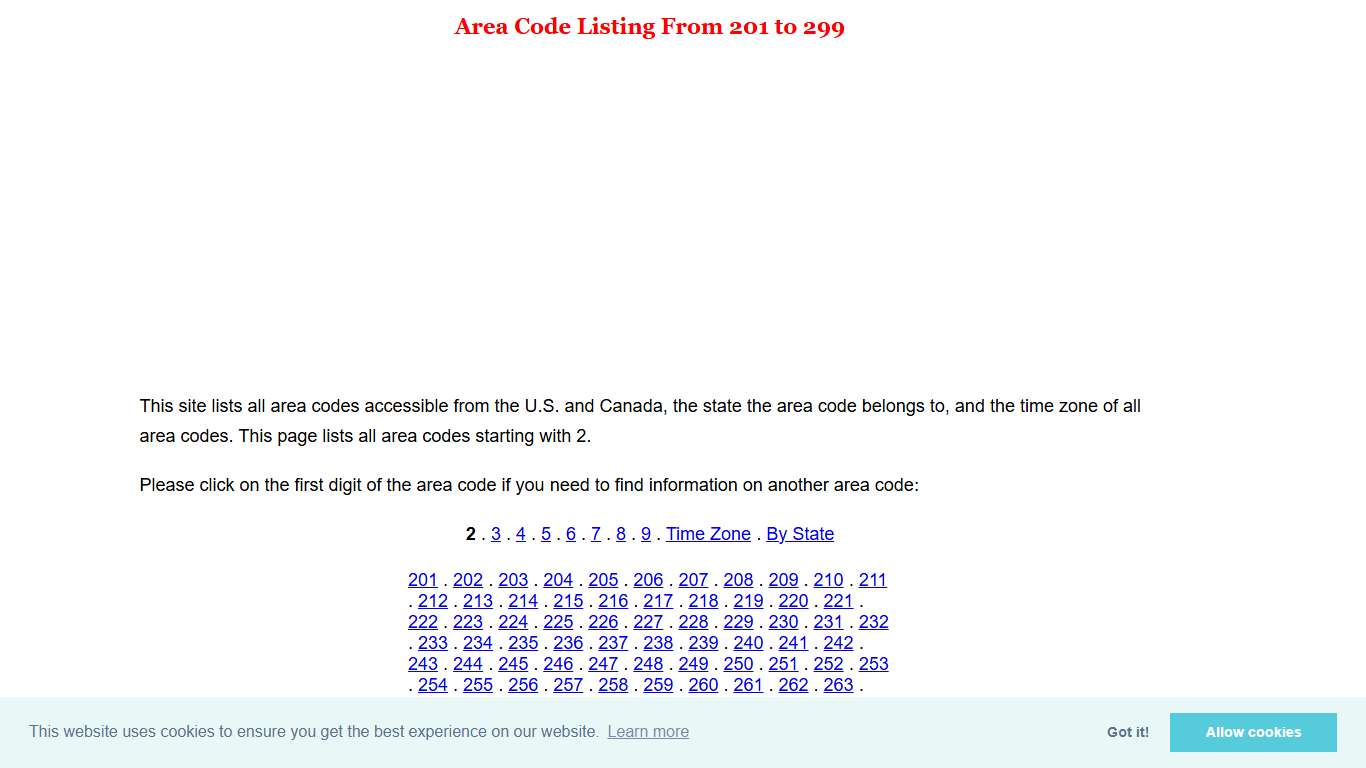 List of US Area Codes - Listing From 201 to 299
